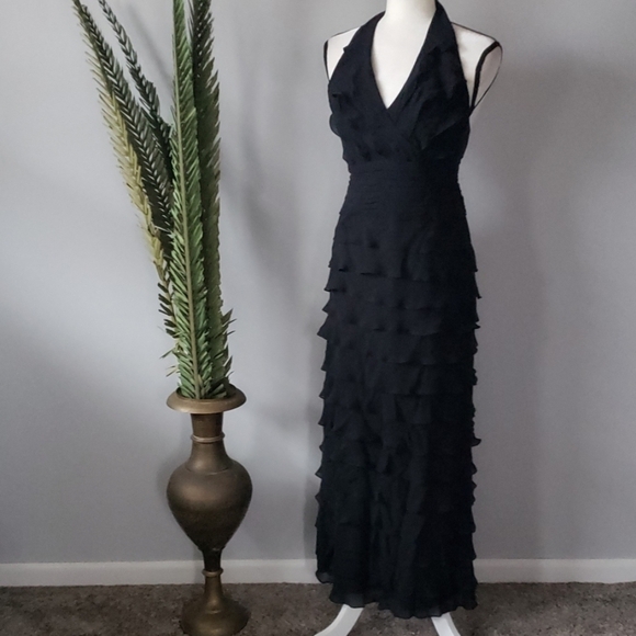 Tadashi black silk halter dress with tiered ruffles - Picture 1 of 8